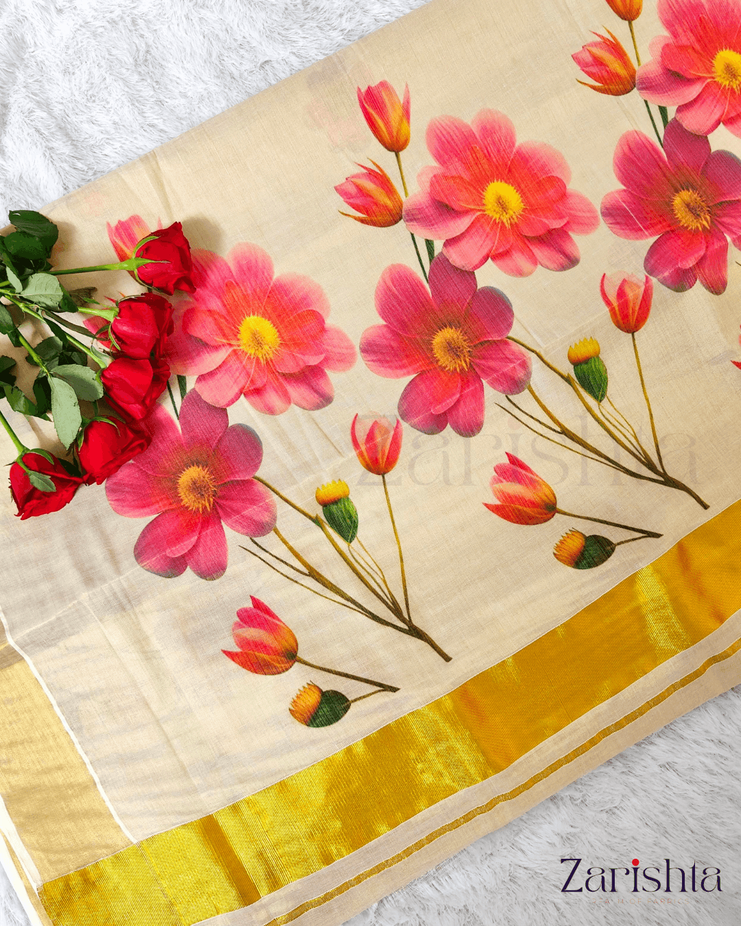 3-2-2.png Kerala Kasavu Tissue Saree - Image 1