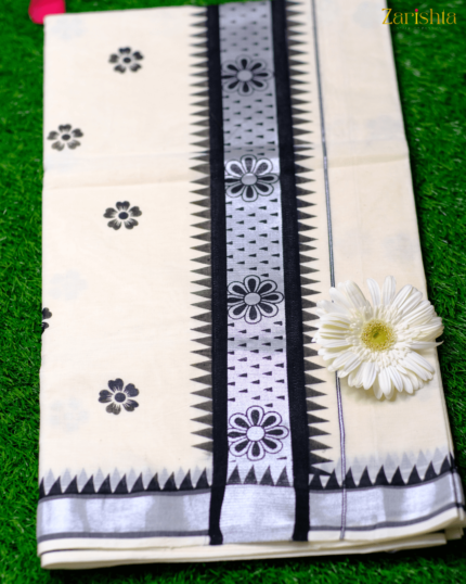 Balck Floral Silver Kasavu Saree