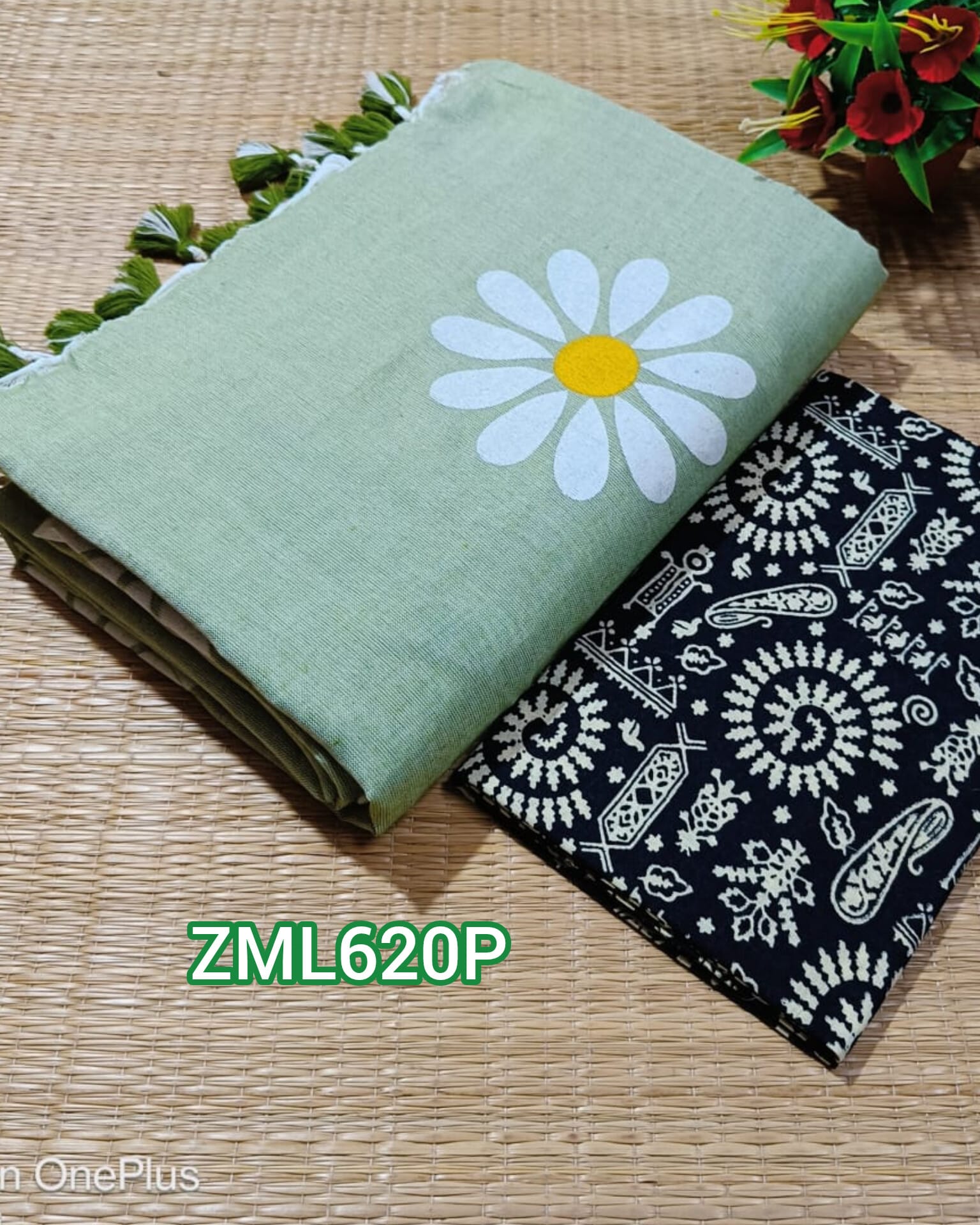 InShot_20250708_225108446 Pastel Green Khadi Saree with Printed Blouse - Image 1