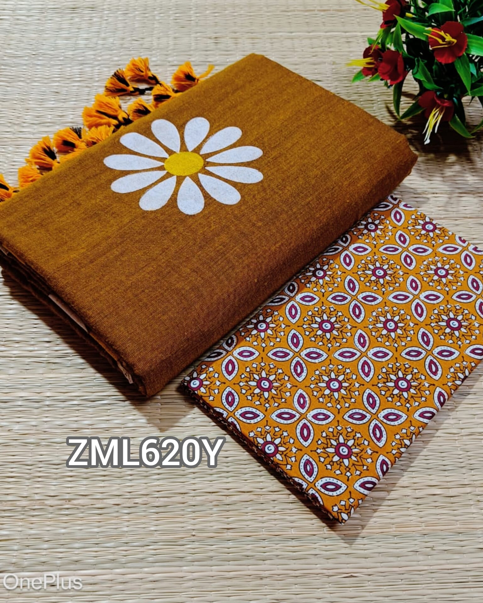 InShot_20250708_225502167 Mustard Yellow Khadi Saree with Printed Blouse - Image 1